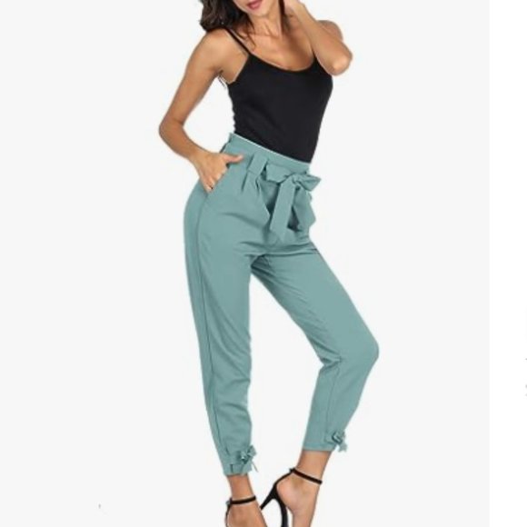 Grace Karin Pants - Grace Karin Smoke Blue Paper Bag Waist Cropped Pencil Pant with‎ Tie Ankle